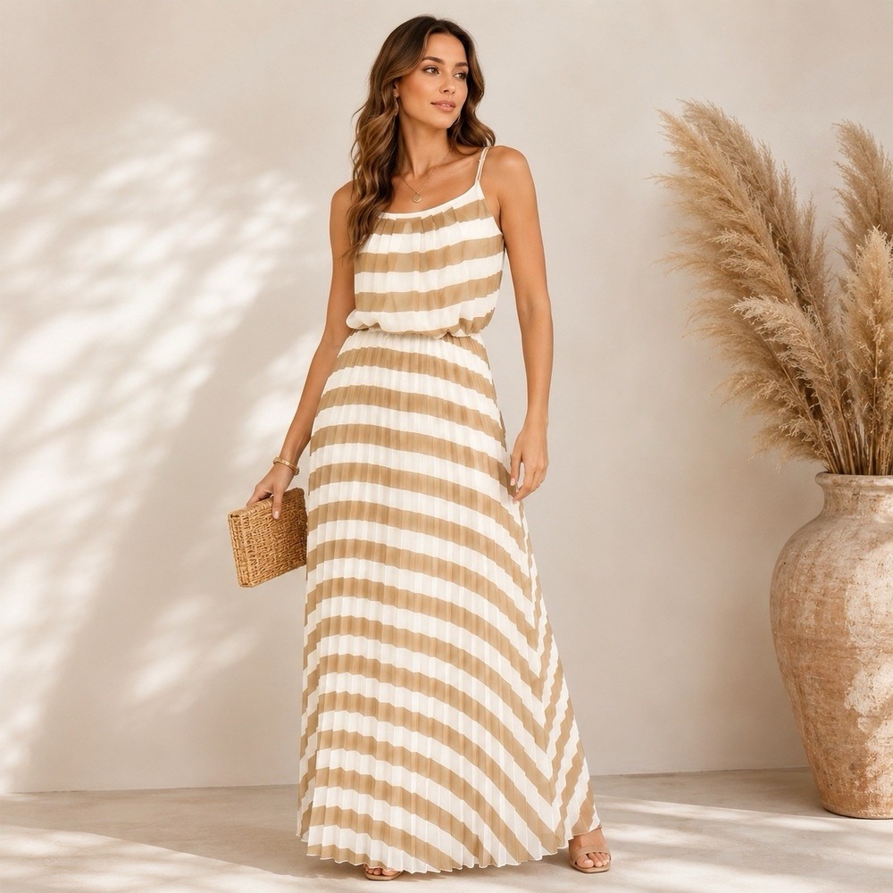 Pleated Striped Maxi Dress Sz 12 Beige White Chiffon Coastal Resort Cottagecore